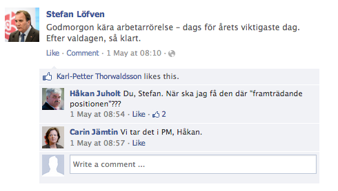 Politik, Fredrik Reinfeldt, Jimmie Åkesson, Stefan Löfven, Facebook, Första maj